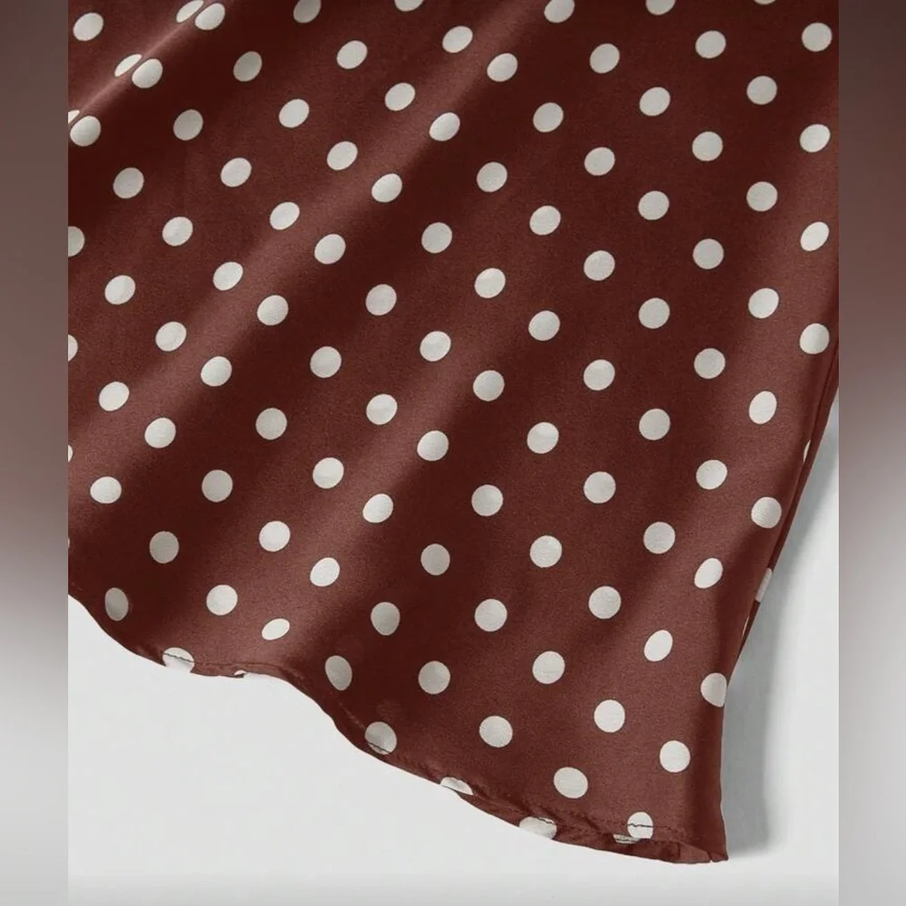 Fall Old Money Style Women's Chocolate Brown / White Polka Dot Satin Long Skirt - Picture 2 of 11